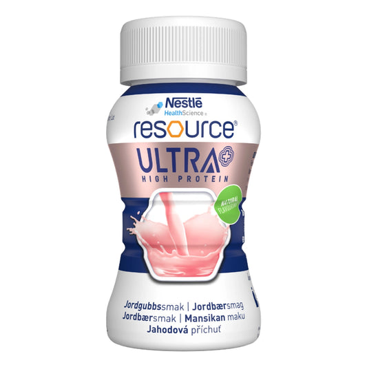 Resource Ultra Mansikka 4 x 125 ml Tiivistetty ravintojuoma, jossa on runsaasti energiaa ja korkealaatuista proteiinia.