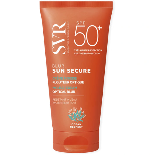 SVR Sun Secure Blur hajusteeton SPF50+ 50 ml aurinkosuojan vaahto sulaa välittömästi iholle tasoittaen sävyä