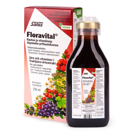 SALUS Floravital nestemäinen rautavalmiste 250 ml soveltuu erityisruokavalioihin