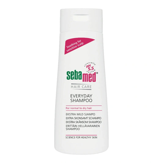 SEBAMED Everyday hellävarainen shampoo 200 ml sisältää hoitavia aineita ja miedosti peseviä aineosia ihanteellisessa suhteessa