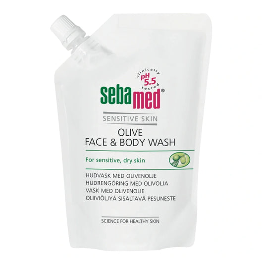 SEBAMED Olive Face & Body Wash pesuneste 400 ml, täyttöpakkaus puhdistaa hellävaraisesti herkän ihon