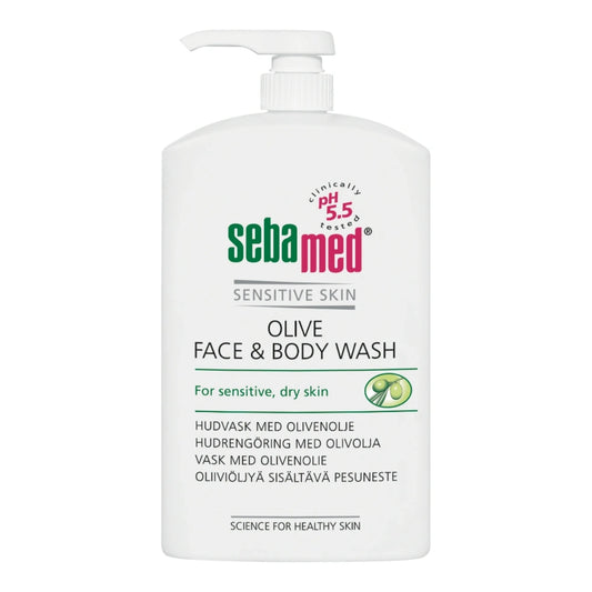 SEBAMED Olive Face & Body Wash pesuneste pumppupullo 1000 ml herkälle iholle kehitetty pesuneste puhdistaa hellävaraisesti.