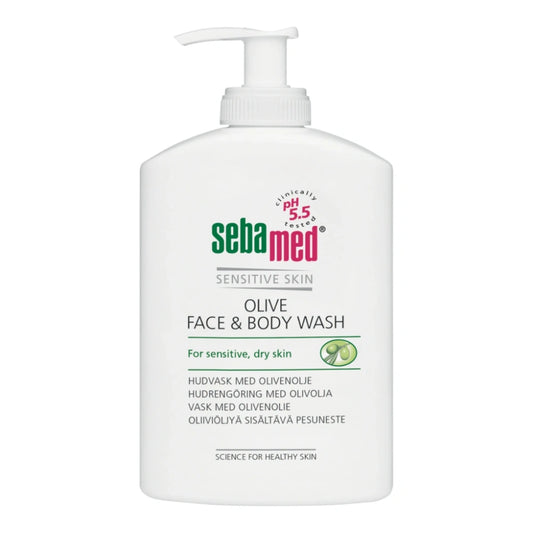 SEBAMED Olive Face & Body Wash pesuneste pumppupullo 300 ml kasvojen ja vartalon päivittäiseen pesuun, erityisesti kuivalle ja herkälle iholle.