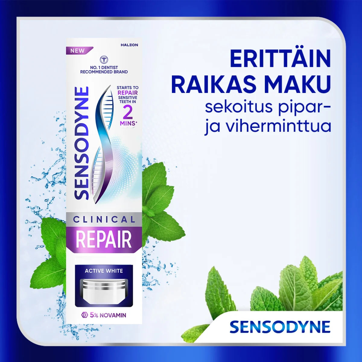 Sensodyne Clinical Repair Active White hammastahna on erittäin raikkaan makuinen sekoitus pipar- ja viherminttua