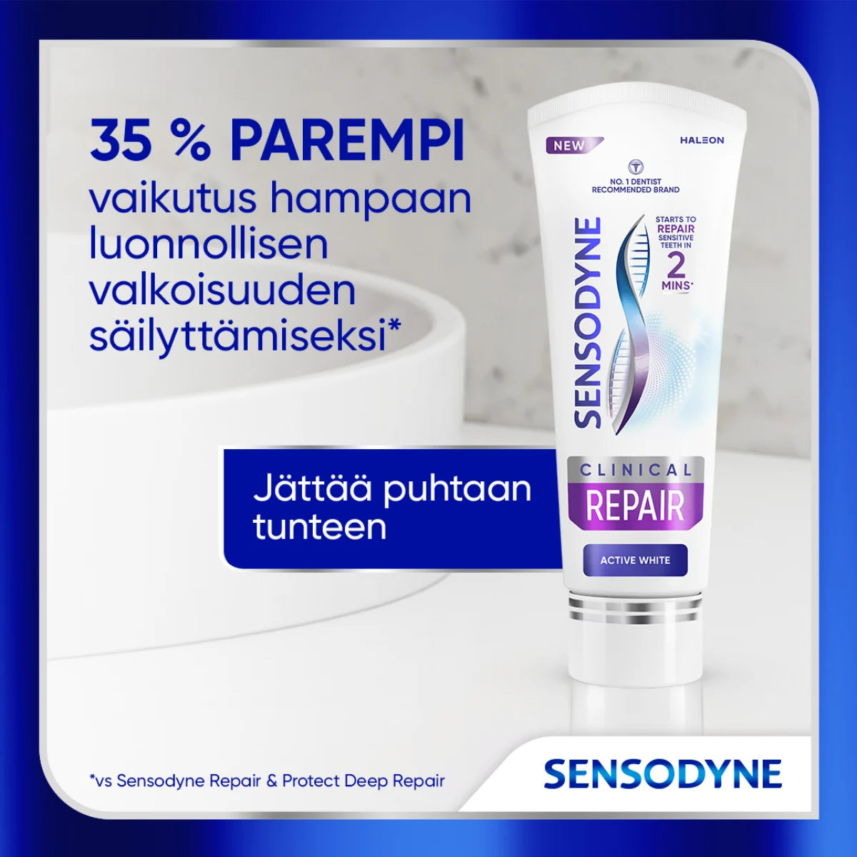 Sensodyne Clinical Repair Active White hammastahna antaa 35% paremman vaikutuksen hampaan luonnollisen valkoisuuden säilyttämiseksi vs. Repair & Protect 