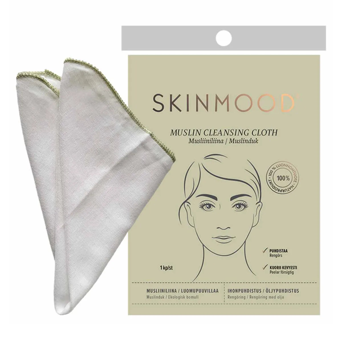 SkinMood Musliiniliina – Luomupuuvillainen, hellävarainen kasvojen puhdistusliina