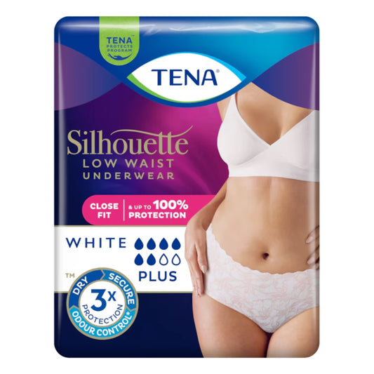 TENA Silhouette Plus Low Waist White Plus matalavyötäröinen ja huomaamaton inkontinenssialushousut