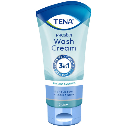 TENA Proskin Wash Cream pesuvoide, hajustettu 250 ml puhdistaa ja suojaa hellävaraisesti vartalon ja intiimialueen ihoa ilman vettä.