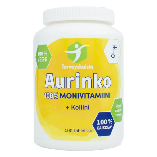 Terveyskaista Aurinko100 % Monivitamiini 100 tabl – Monipuolinen ja pitkävaikutteinen monivitamiini koko perusarjen tueksi