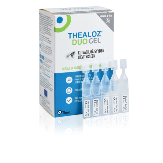THEALOZ Duo Gel silmätippa kerta-annospakkaus, säilytysaineeton 30 kpl suojaa ja kosteuttaa