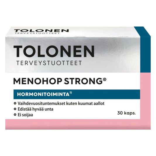 TOLONEN Menohop Strong kapseli 30 kpl sisältää humalauutetta, B6-vitamiinia, sinkkiä ja D-vitamiinia.