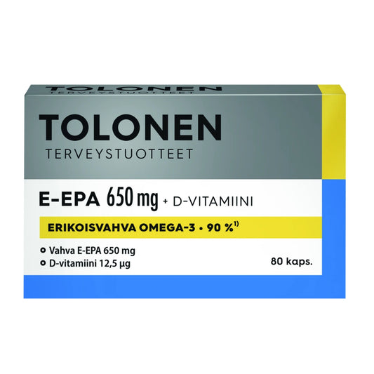Tolonen E-EPA 650 mg kapseli 80 kpl on erittäin puhdas kalaöljytiiviste