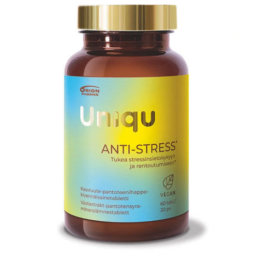 UNIQU Anti-Stress tabletti 60 kpl kasviuutteet antavat tukea stressinsietokykyyn ja rentoutumiseen.