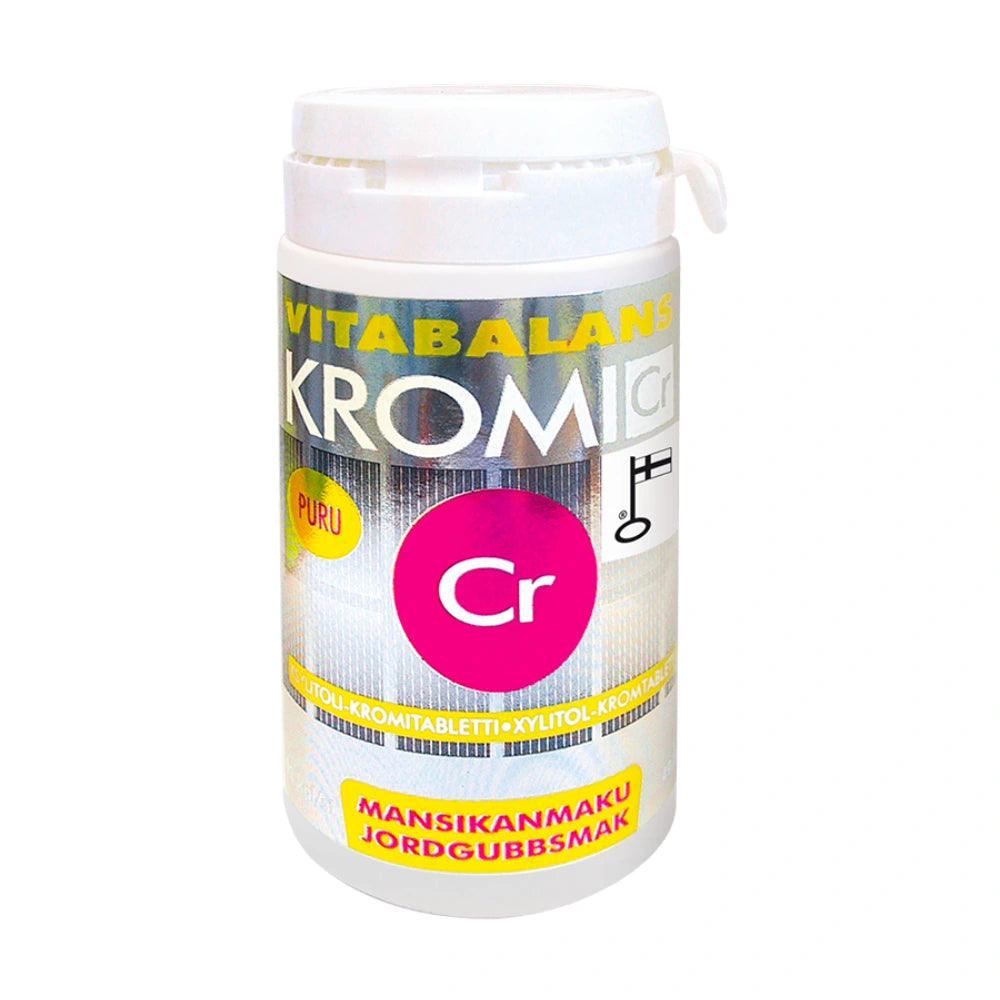 KROMI Cr mansikanmakuinen purutabletti 90 kpl, ksylitolilla makeutettu purutabletti sisältää 50 µg kromia.