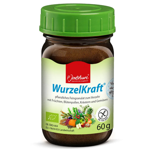 Wurzelkraft Mineraali- ja vitamiinilisä 60 g – Hedelmiä, siitepölyä, yrttejä ja vihanneksia sisältävä ravintorouhe