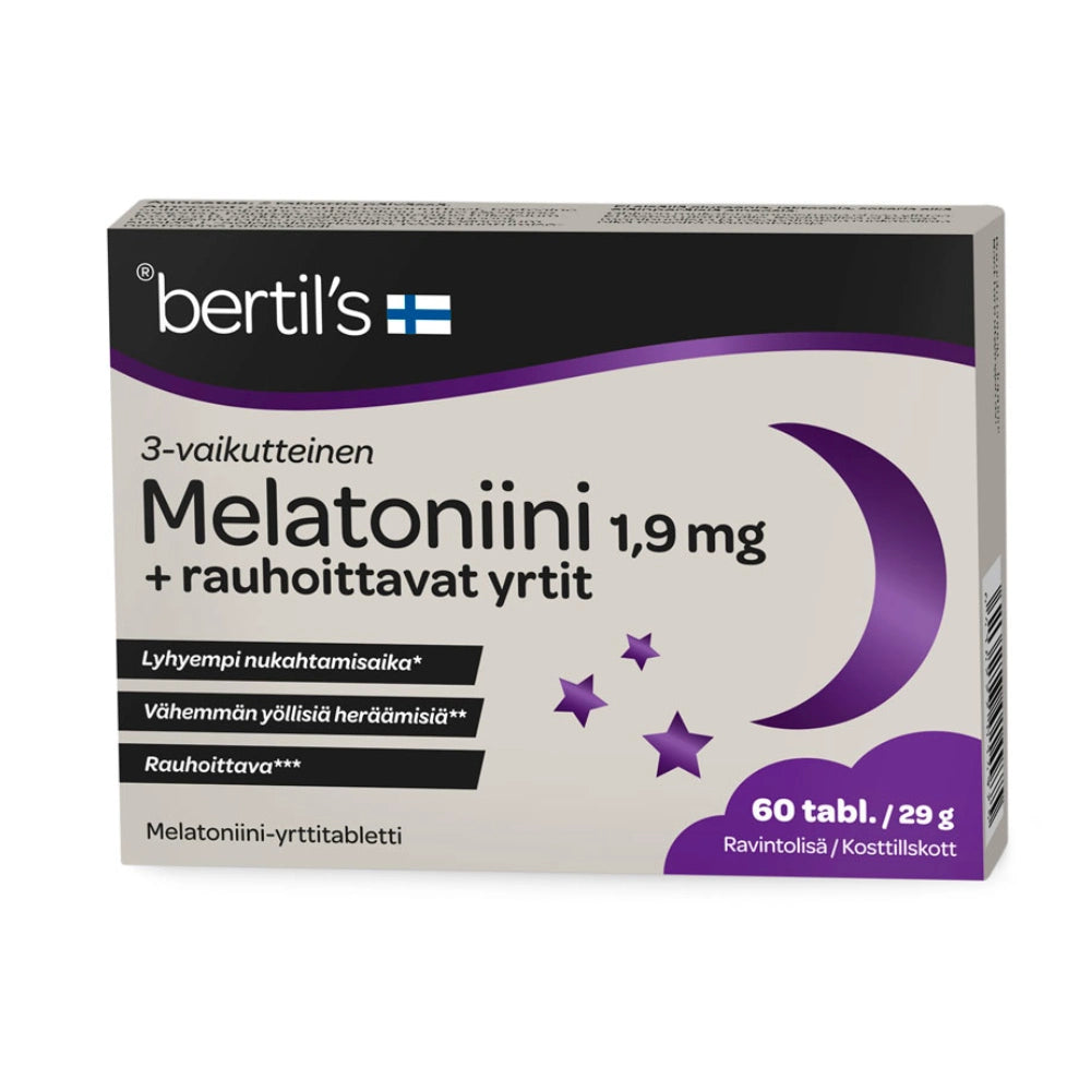 BERTILS Melatoniini 1,9 mg tabletti 60 kpl + rauhoittavat yrtit lyhentää nukahtamisaikaa