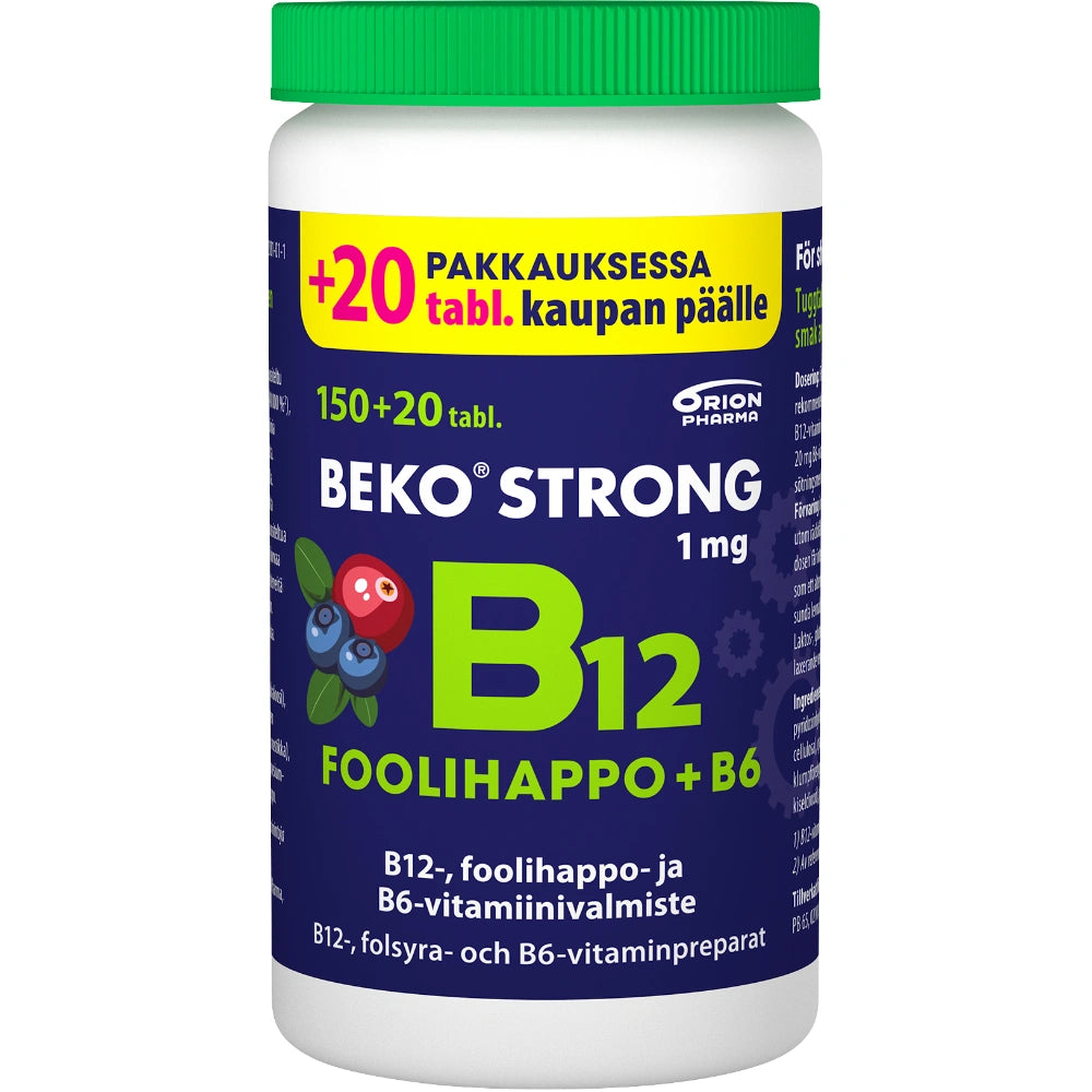BEKO Strong B12 + foolihappo + B6, mustikan ja karpalon makuinen purutabletti kampanjapakkaus 150 + 20 kpl