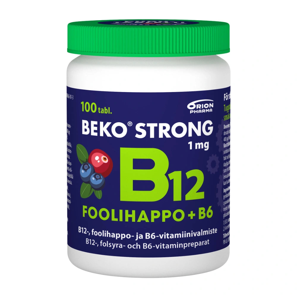 BEKO Strong B12 + foolihappo + B6 mustikka-karpalon makuinen purutabletti 100 kpl