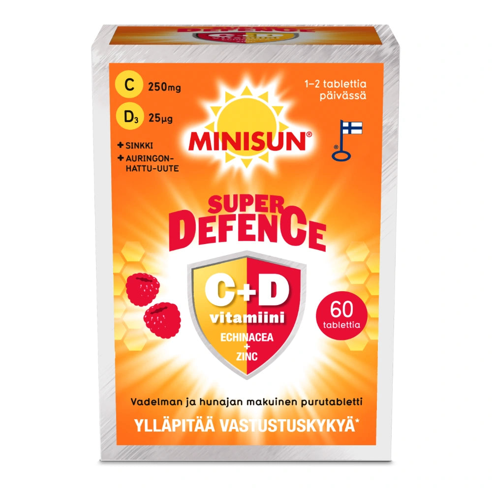MINISUN Super Defence vadelman- ja hunajanmakuinen purutabletti 60 kpl