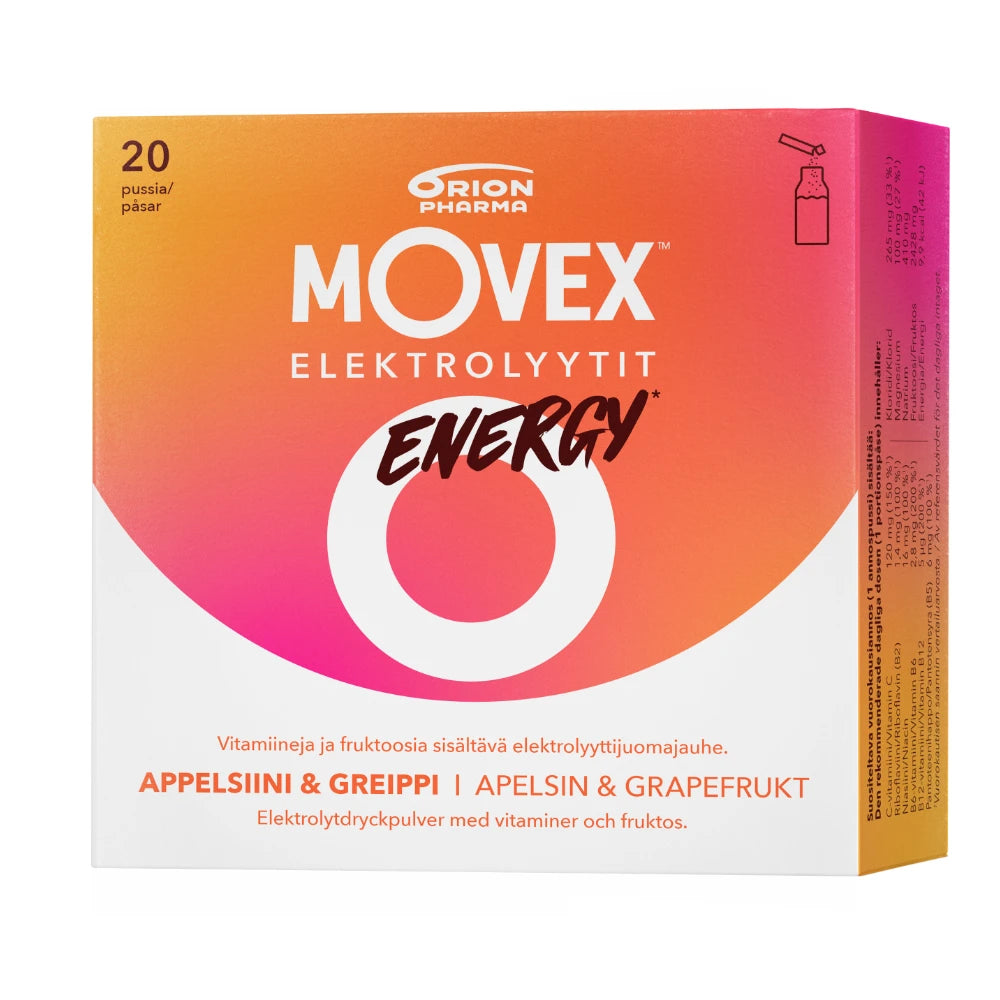 MOVEX Elektrolyyttijuomajauhe energy appelsiinin- ja greipinmakuinen annospussi 20 pss