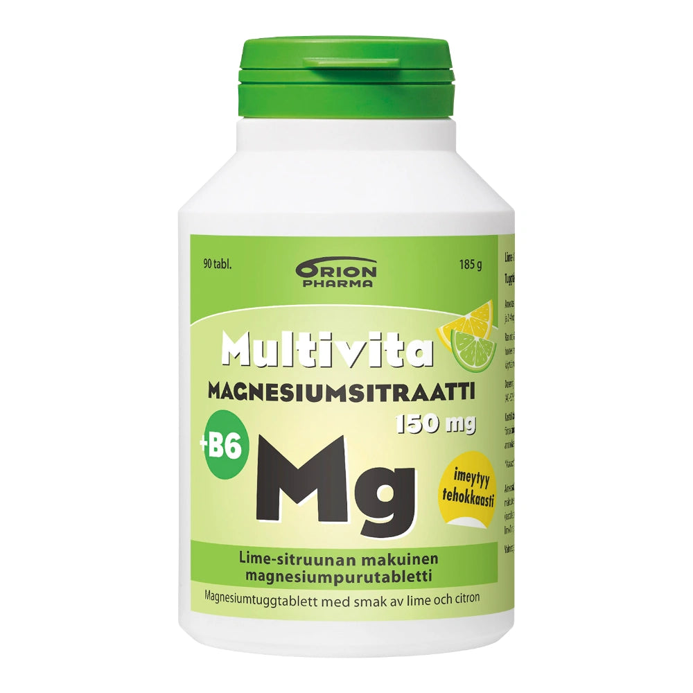 MULTIVITA Magnesiumsitraatti 150 mg + B6 lime-sitruunanmakuinen purutabletti 90 kpl