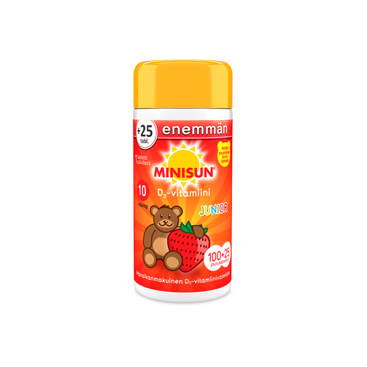 MINISUN Junior Nalle D3-vitamiini mansikanmakuinen purutabletti 100 + 25 kpl