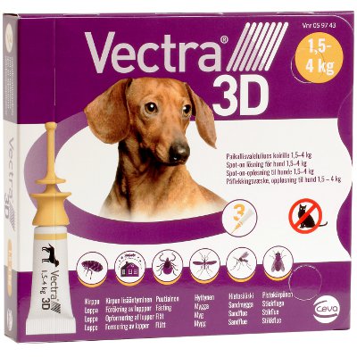VECTRA 3D 3,9 mg/44 mg/317 mg paikallisvaleluliuos koirille 1,5-4 kg 3x0,8 ML