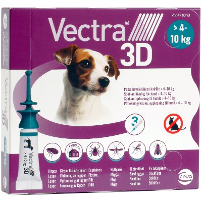 VECTRA 3D 7,7 mg/87 mg/635 mg paikallisvaleluliuos koirille 4-10 kg 3x1,6 ML