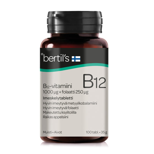 BERTILS B12-vitamiini ja folaatti appelsiininmakuinen imeskelytabletti 100 kpl