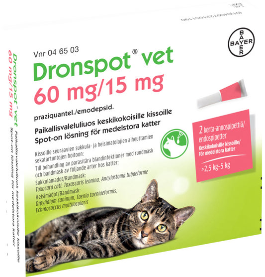 DRONSPOT VET 15 mg/60 mg paikallisvaleluliuos keskikokoisille kissoille 2x0,7ml