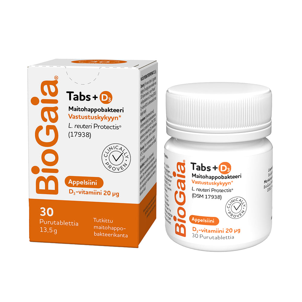 BIOGAIA Tabs + D3 appelsiininmakuinen maitohappobakteerivalmiste 30 tablettia
