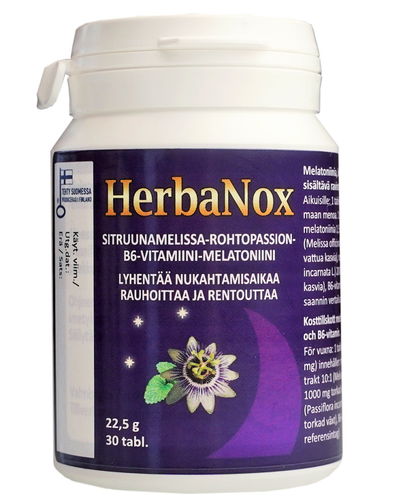 HERBANOX Sitruunamelissa-rohtopassion-B6-vitamiini-melatoniini ravintolisä 30 tablettia