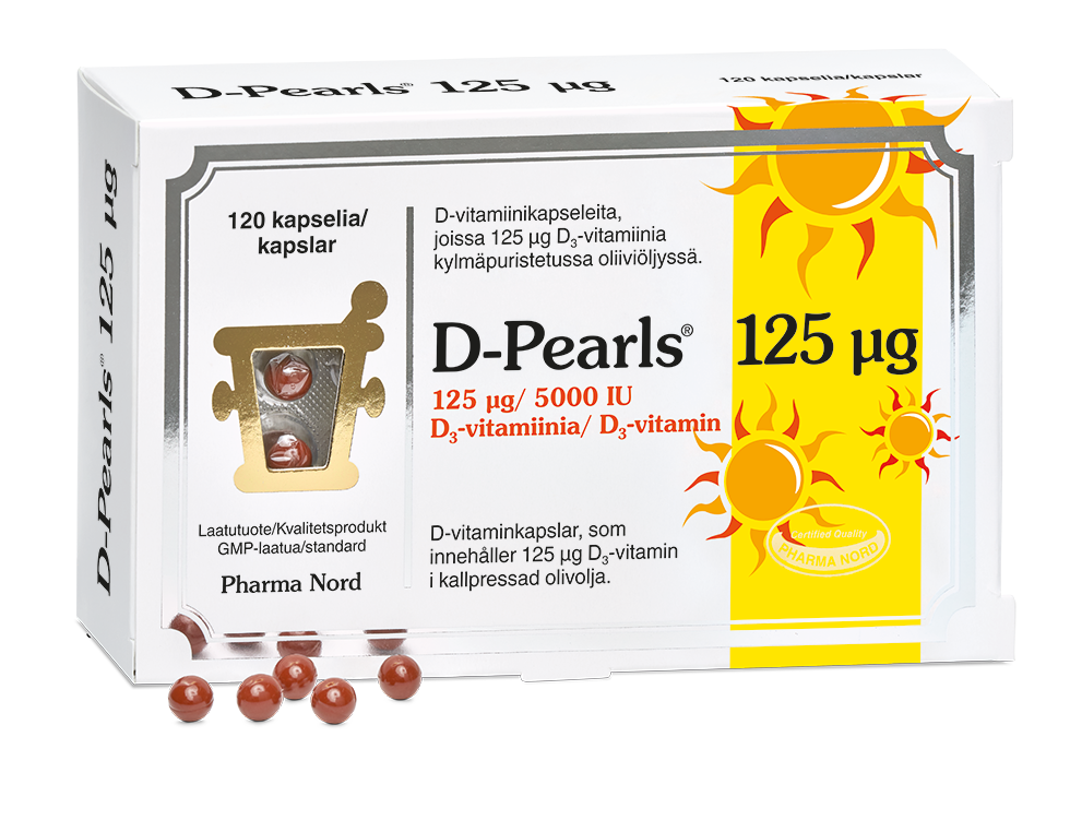 D-Pearls 125 mikrog D-vitamiinia sisältävä oliiviöljykapseli 120 kapselia