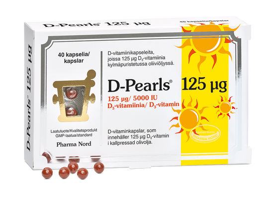 D-Pearls 125 mikrog D-vitamiinia sisältävä oliiviöljykapseli 40 kapselia
