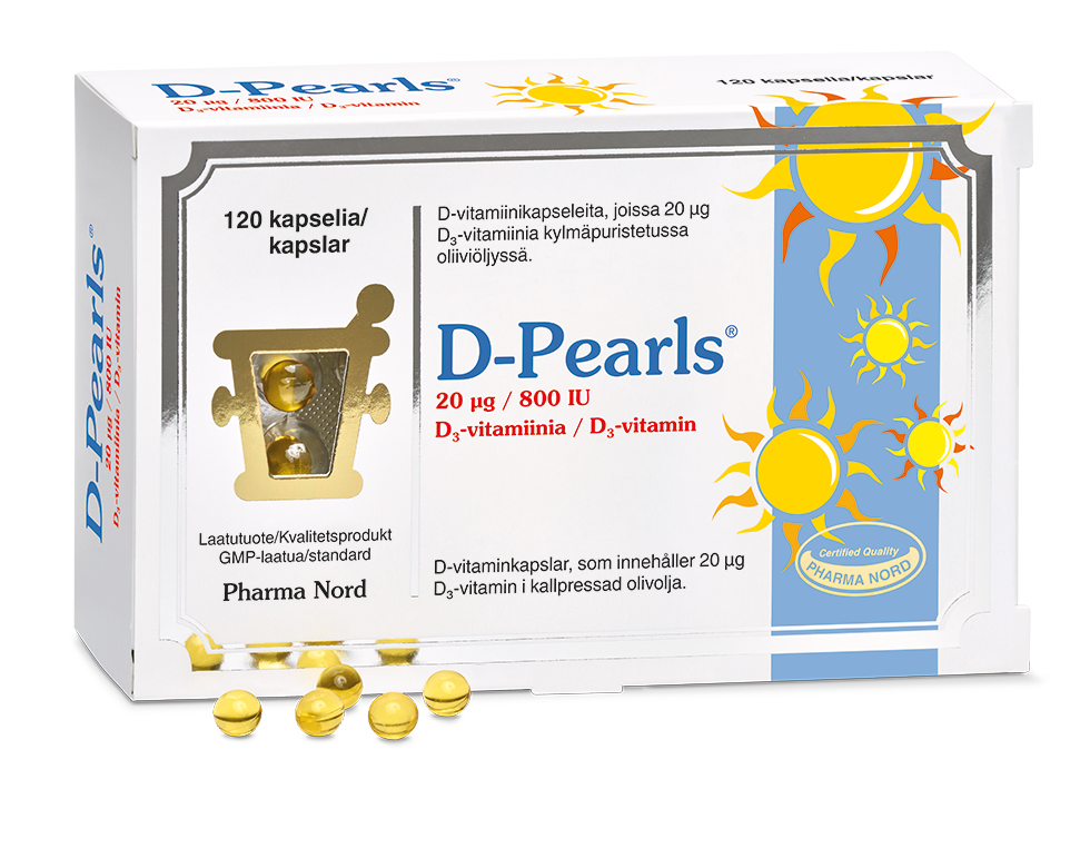 D-Pearls 20 mikrog D-vitamiinia sisältävä oliiviöljykapseli 120 kapselia