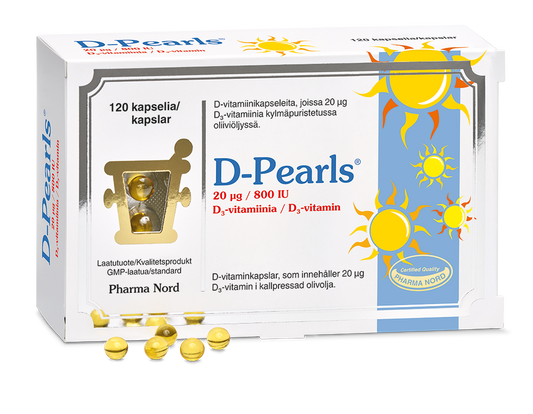 D-Pearls 20 mikrog D-vitamiinia sisältävä oliiviöljykapseli 120 kapselia