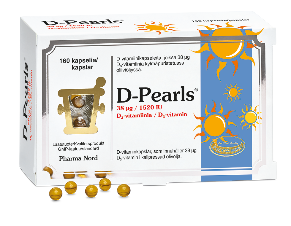 D-Pearls 38 mikrog D-vitamiinia sisältävä oliiviöljykapseli 160 kapselia