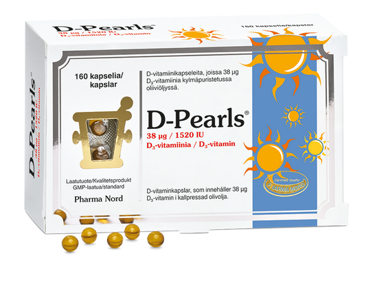 D-Pearls 38 mikrog D-vitamiinia sisältävä oliiviöljykapseli 160 kapselia