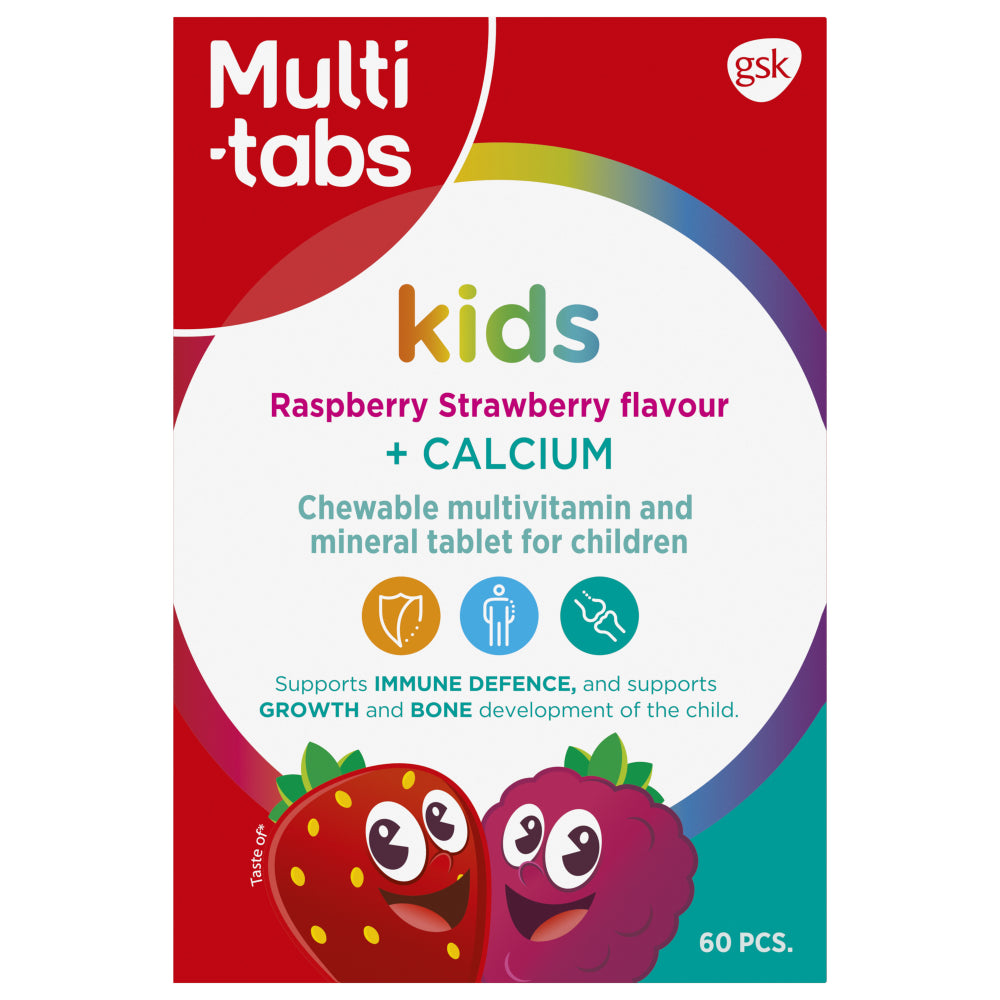 MULTI-TABS Kids + Kalsium vadelma-mansikanmakuinen purutabletti 60 tabl