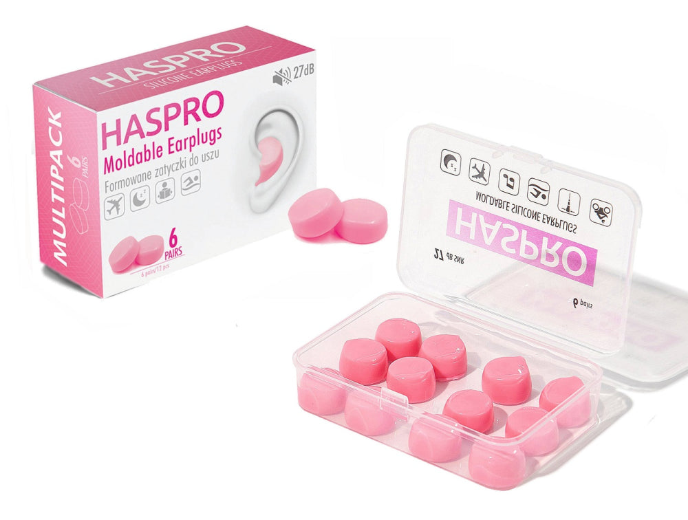 HASPRO Moldable silikonikorvatulpat suojaamaan vedeltä ja melulta, pinkki 6 paria