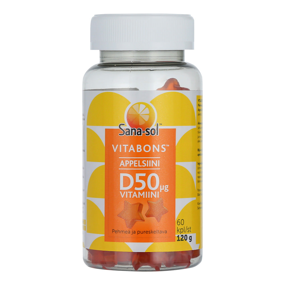SANA-SOL Vitabons D-vitamiini 50 µg appelsiinin makuinen purutabletti 60 kpl