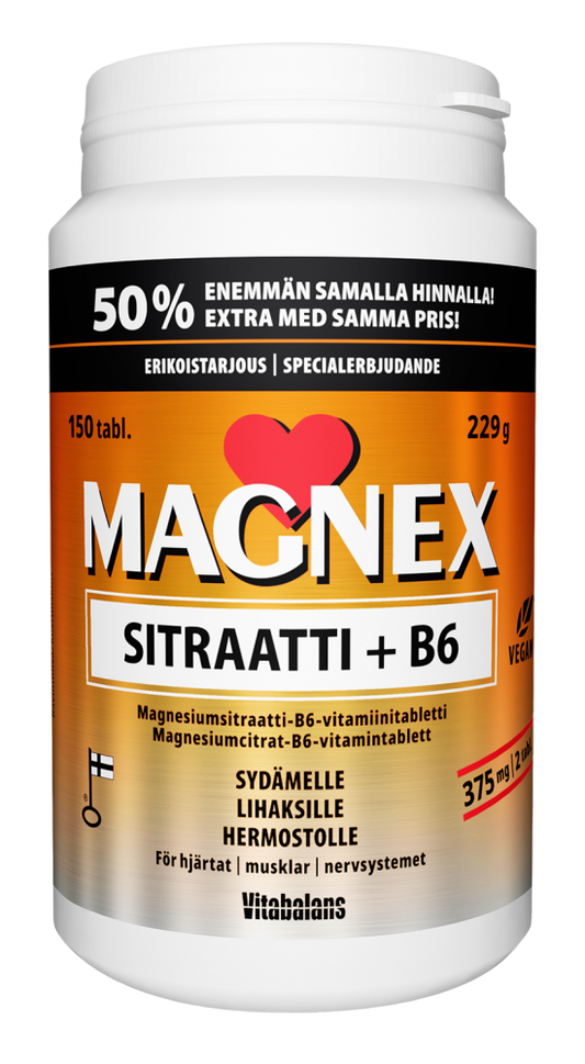 MAGNEX Sitraatti + B6-vitamiini magnesiumsitraattitabletti kampanjapakkaus 150 kpl