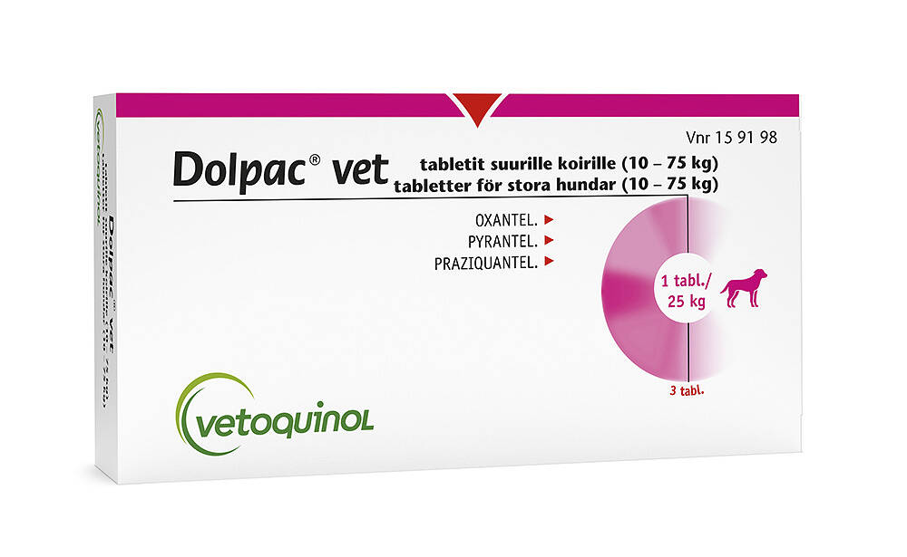 DOLPAC VET TABLETIT SUURILLE KOIRILLE 125 mg/360 mg/500,7 mg (10-75 kg) 3 tablettia