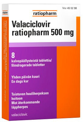 VALACICLOVIR RATIOPHARM 500 mg tabletti, kalvopäällysteinen 8 tablettia