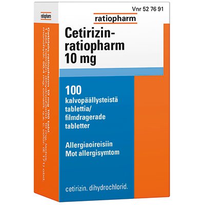 CETIRIZIN-RATIOPHARM 10 mg tabletti, kalvopäällysteinen, 100 tablettia