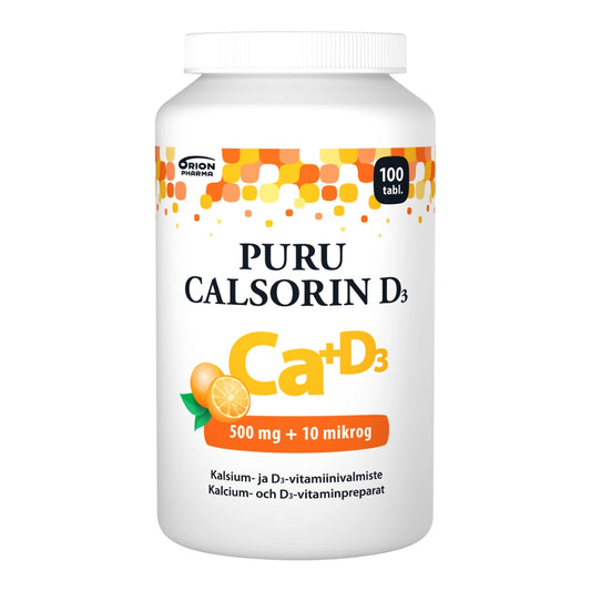 PURU Calsorin + D3 500 mg + 10 mikrog appelsiininmakuinen purutabletti 100 tabl
