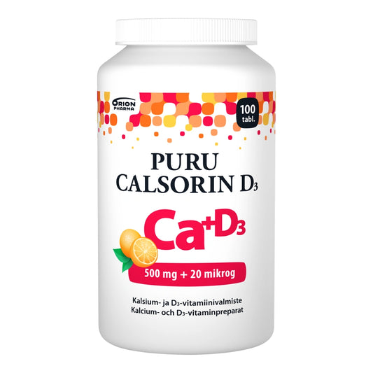 PURU Calsorin + D3 500 mg + 20 mikrog appelsiininmakuinen purutabletti 100 tabl